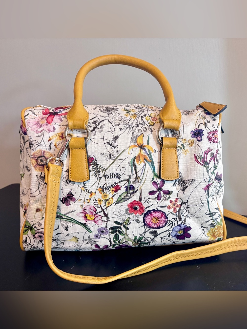 Vintage Floral Print Satchel Handbag with Mustard Trim with Matching Wallet